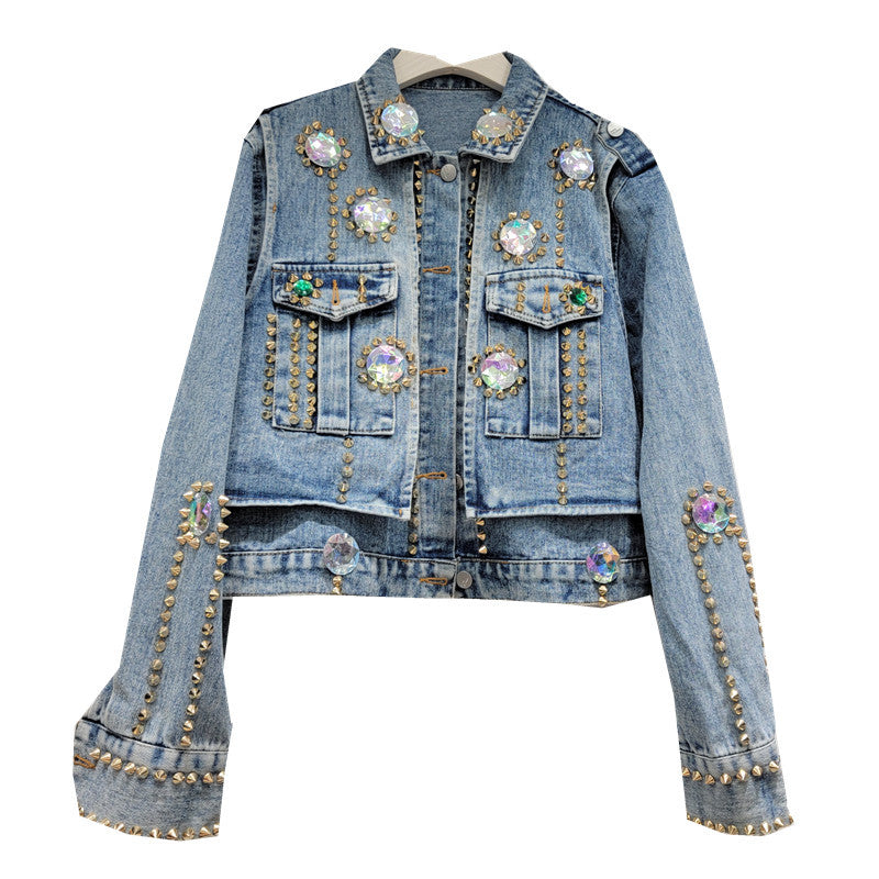 Heavy Handmade Design Rhinestone Beaded Slimming All-Matching Short Denim Jacket Women Jean Jacket Trendy Fall New Clothes