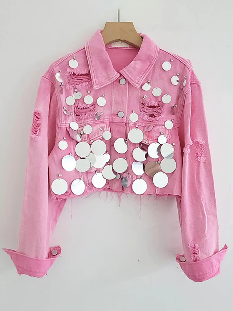 Women's Denim Coat Patchwork Sequins Broken Holes Diamonds Short Single Breasted Jackets  Autumn New Fashion