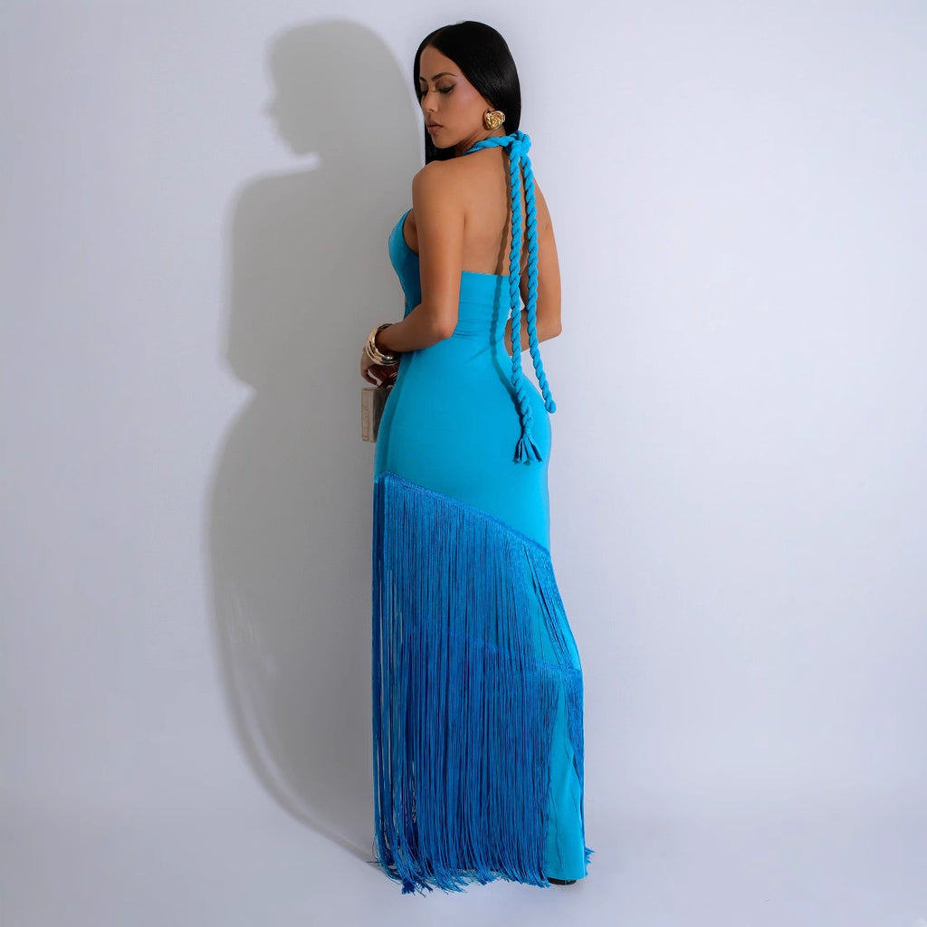 Women's Hollow-Out Design Sleeveless Halter Bodycon Fringe Long Dress