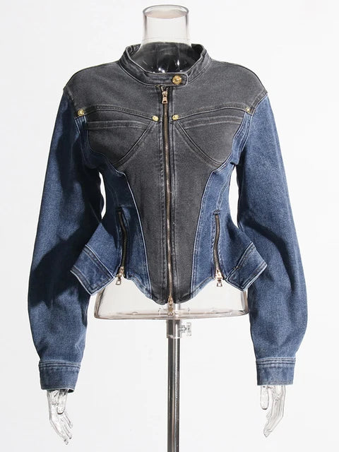 Hit Color Jackets For Women Round Neck Long Sleeve Patchwork Zipper Casual Loose Irregular Jacket Female Fashion