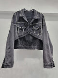 Women's Denim Jackets Long Sleeve Irregular Diamonds Single Breasted Loose Washed Coats  Autumn New Fashion