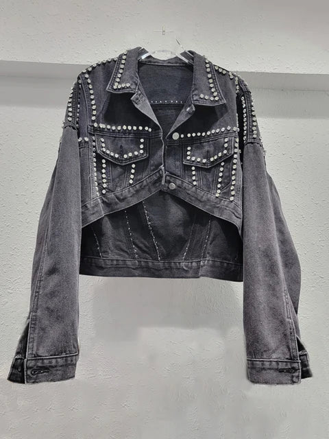 Women's Denim Jackets Long Sleeve Irregular Diamonds Single Breasted Loose Washed Coats  Autumn New Fashion