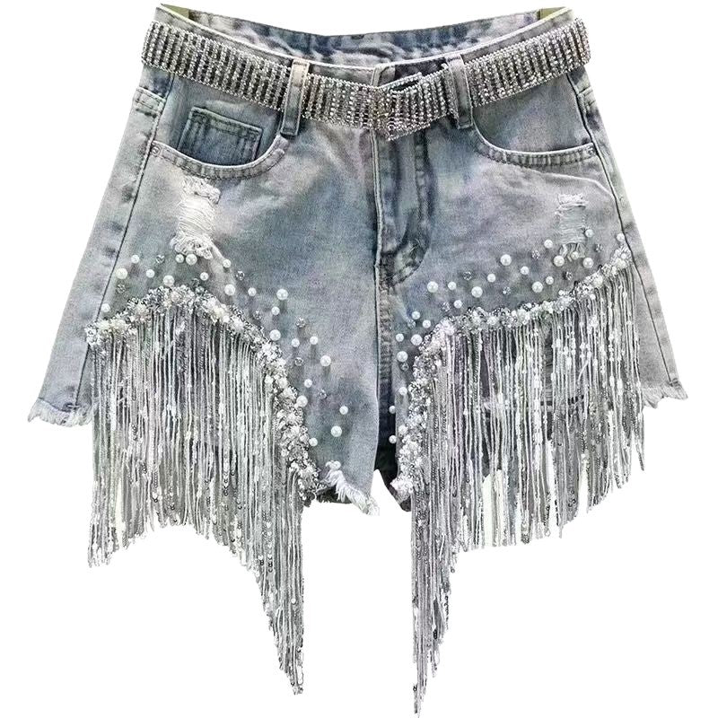 Heavy embellished rhinestone denim shorts for women, American style high-waisted slimming beaded fringe distressed jeans
