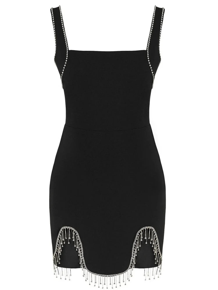 Crystal Fringe Asymmetric Mini Dress