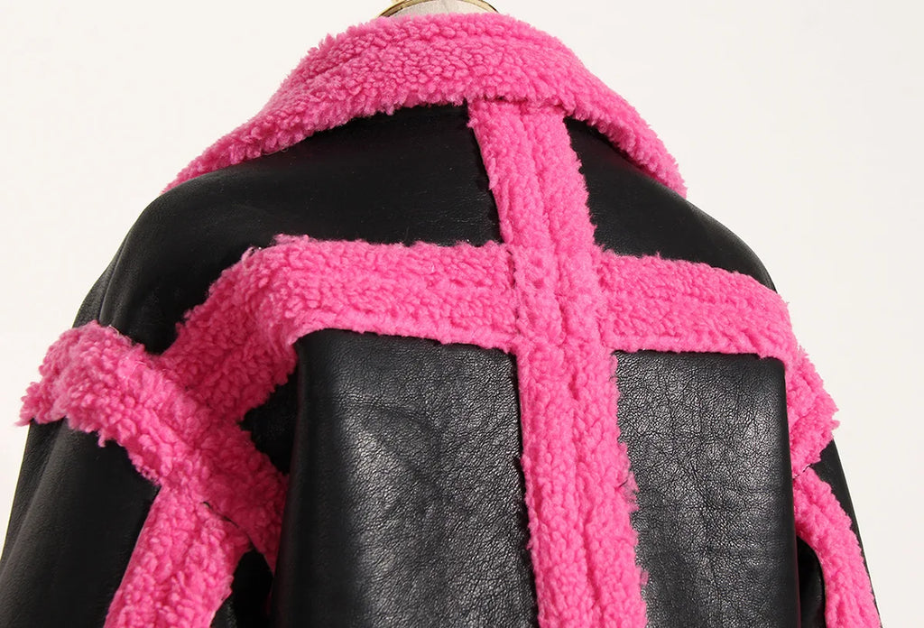 Women Fake Fur Coat Autumn Winter Color Matching Motorcycle One Piece Jacket Fashion All Matching Ladies Warm Tops New