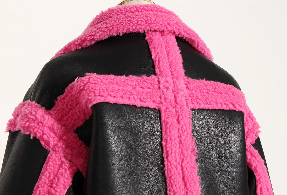 Women Fake Fur Coat Autumn Winter Color Matching Motorcycle One Piece Jacket Fashion All Matching Ladies Warm Tops New