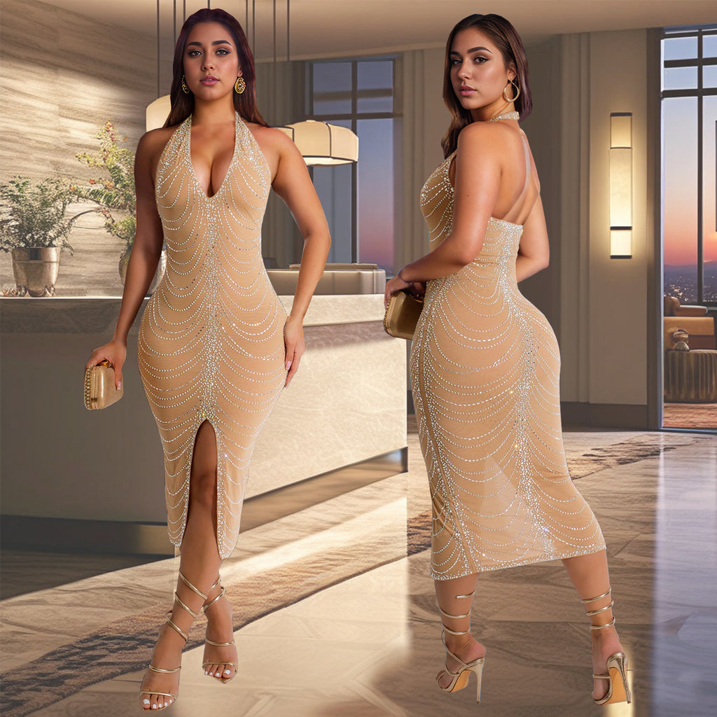 Fashion Women's Rhinestone Embellished Fitted Sexy Bodycon Long Dress