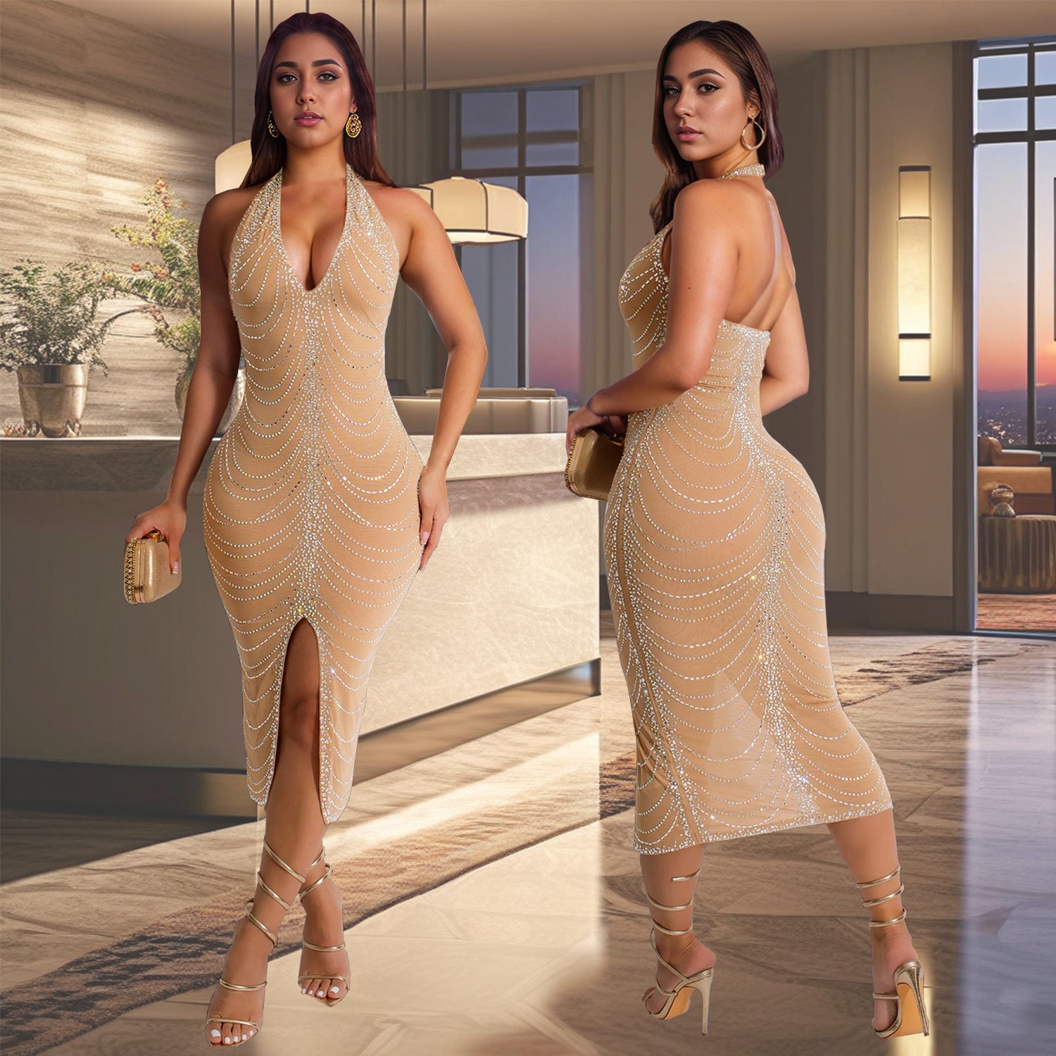 Fashion Women's Rhinestone Embellished Fitted Sexy Bodycon Long Dress