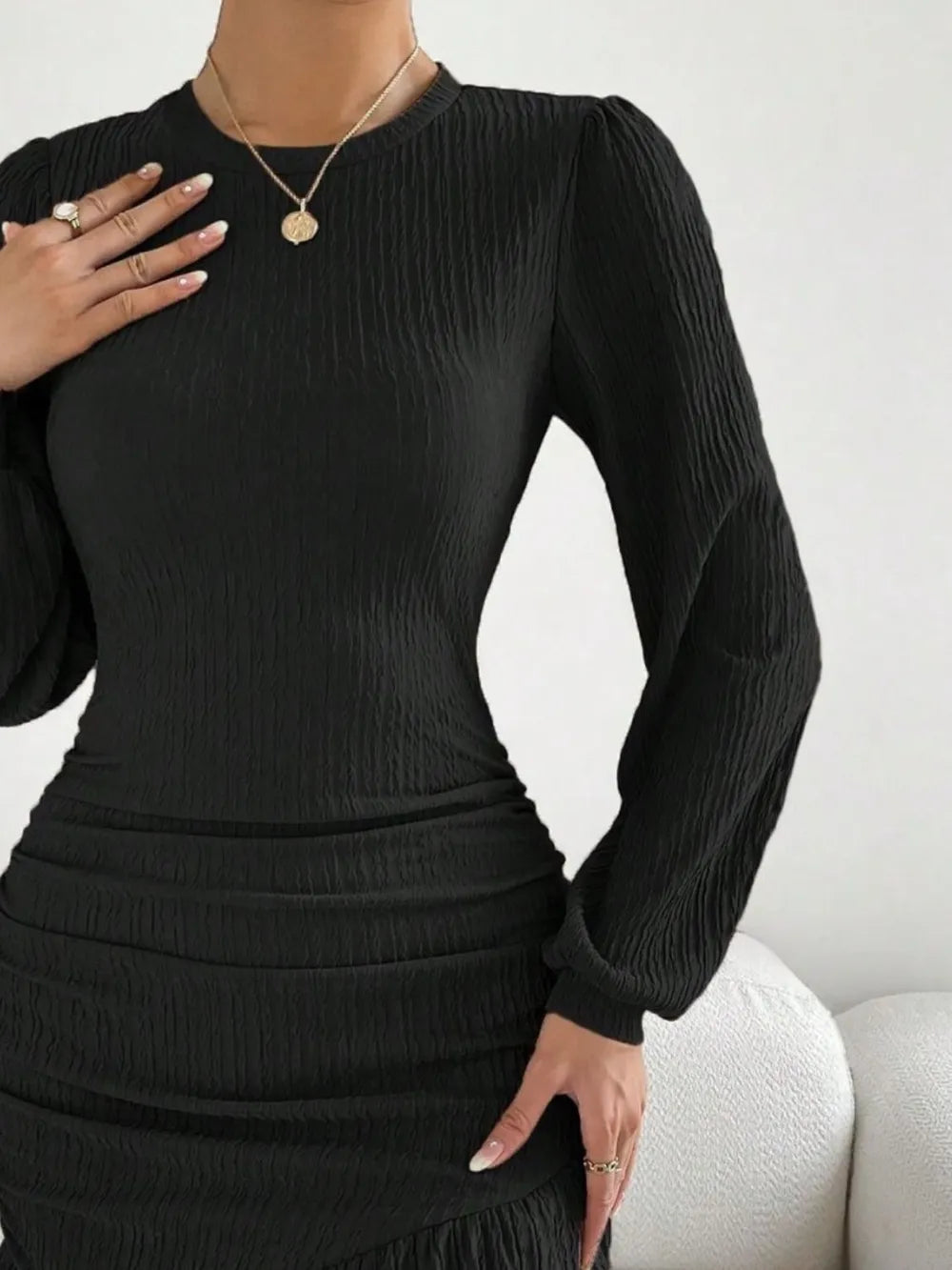 Long-Sleeve Knit Ruffle Dress