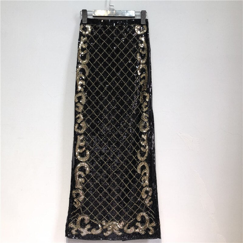 Cakucool Retro Sequined X Long Skirt Vintage Beading Empire Gold Silm Bodycon Runway Bohemian Back Slit Pencil Skirt