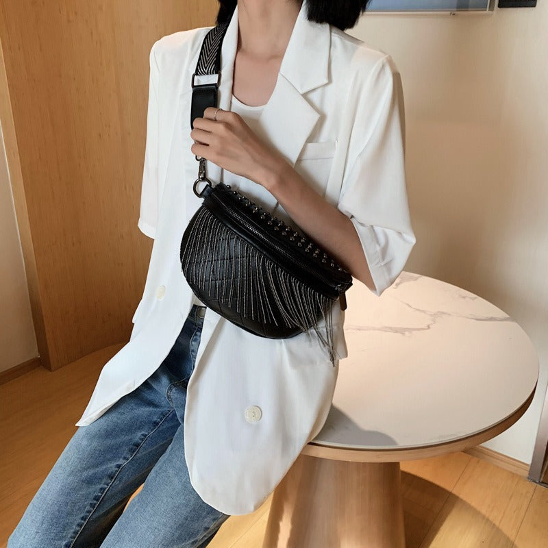 New Cross Body Rivet Casual Shoulder Bag Fashion Korean Wide Shoulder Strap Chest Bag Tassel Women's Bag