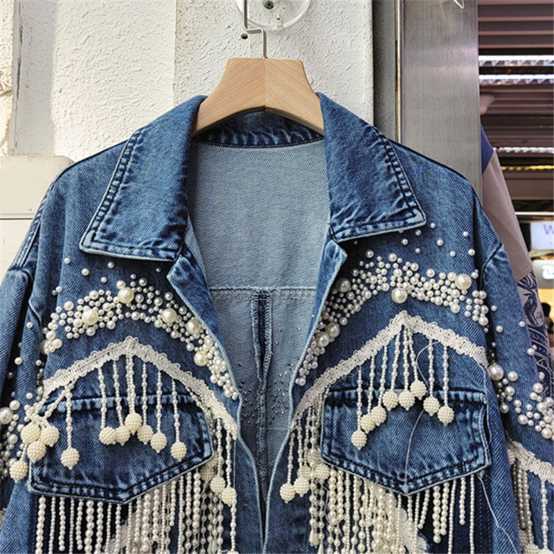 Korean Heavy Pearl Tassel Loose All-Match Personalized Short Denim Jacket Women Jean Jacket Outerwear Spring New Clothes