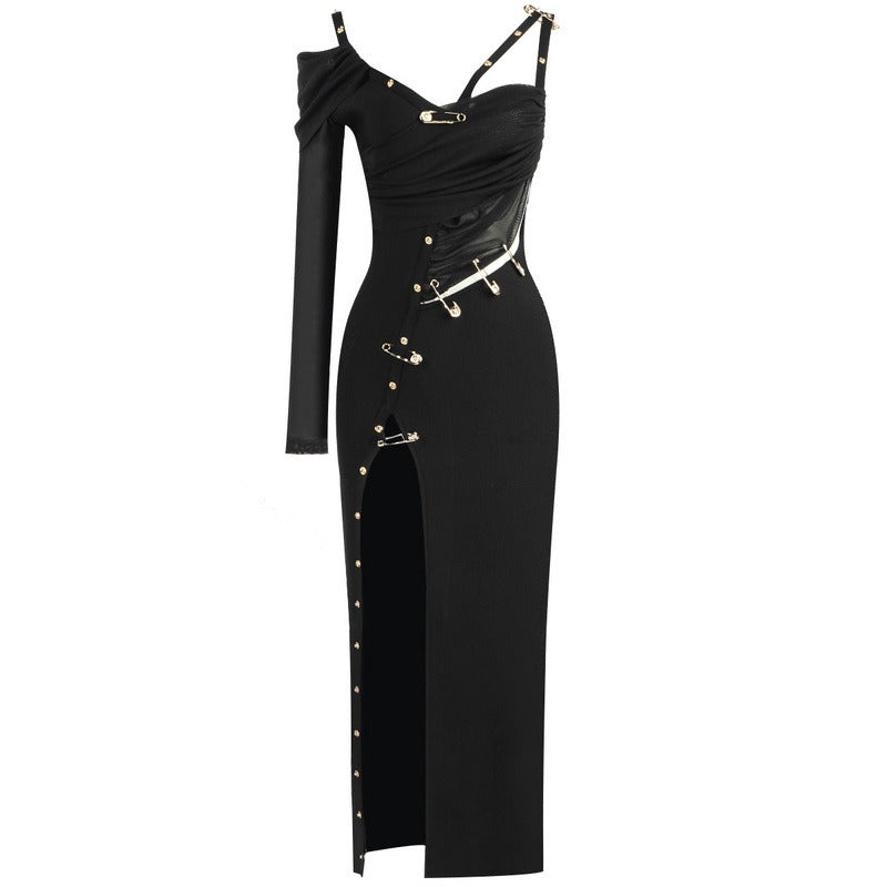 Metal Pin Cutout Bandage Midi Dress