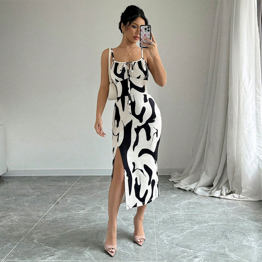 Intellectual style cow patterned dress with suspender and mid length skirt
