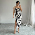 Intellectual style cow patterned dress with suspender and mid length skirt