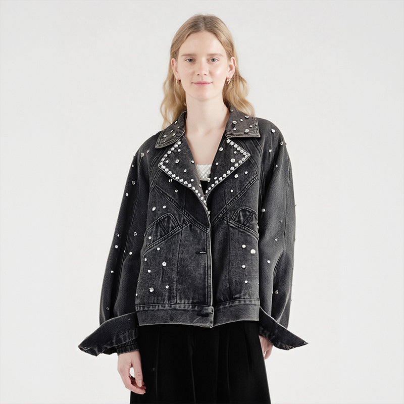 bead studded diamond retro motorcycle denim jacket women's jacket