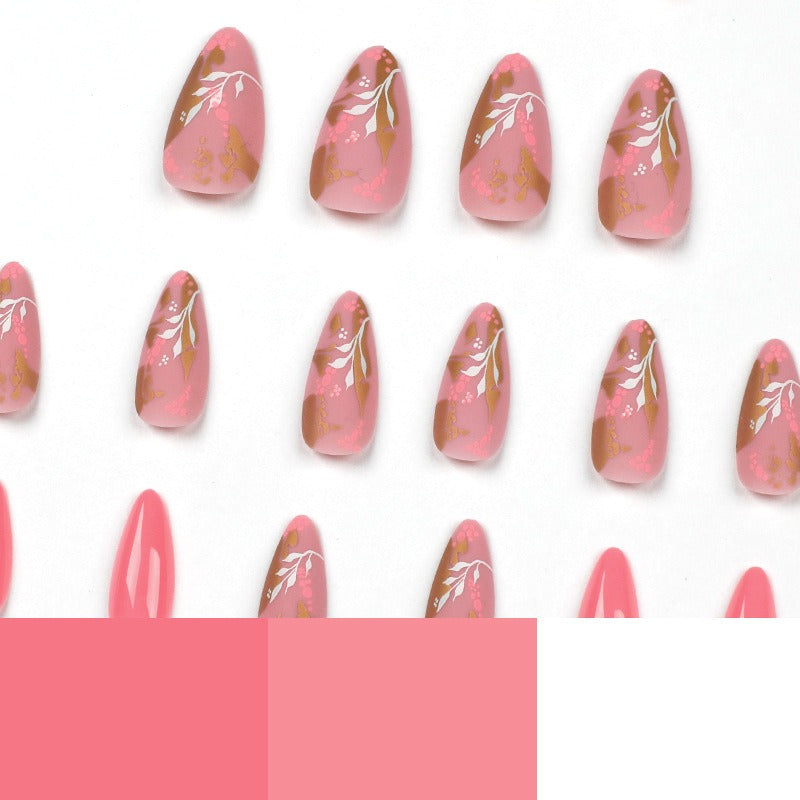 Pink Floral Gold-Foil Press-On Nails
