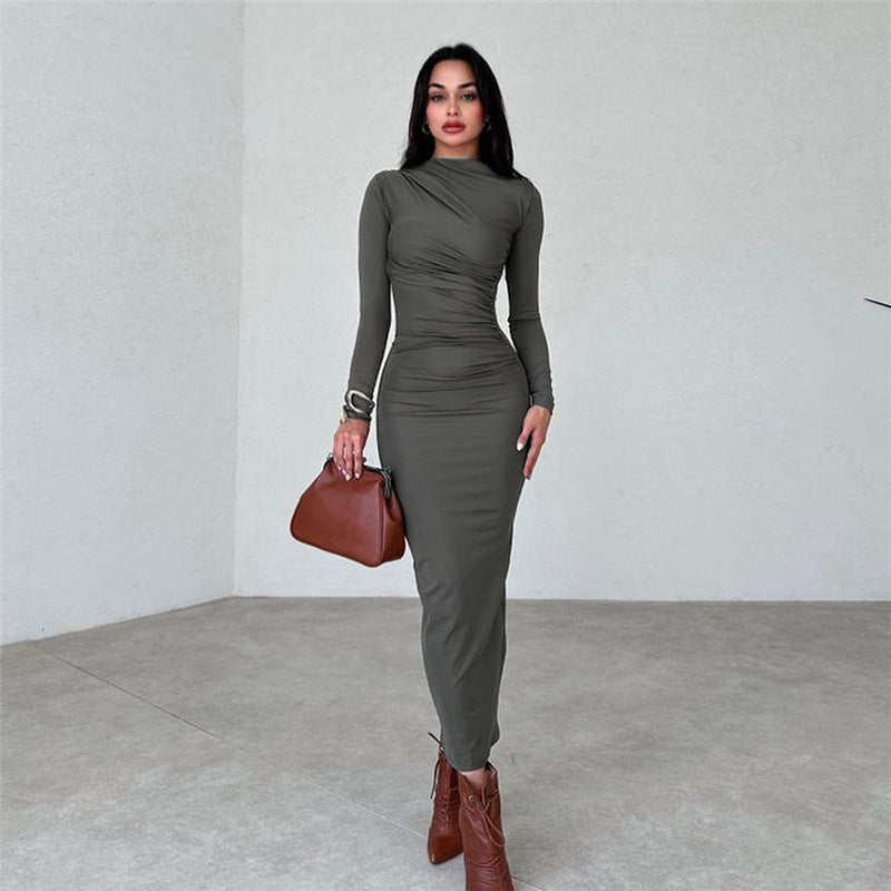 Solid Color Long Sleeve Round Neck Fitted Bodycon Dress