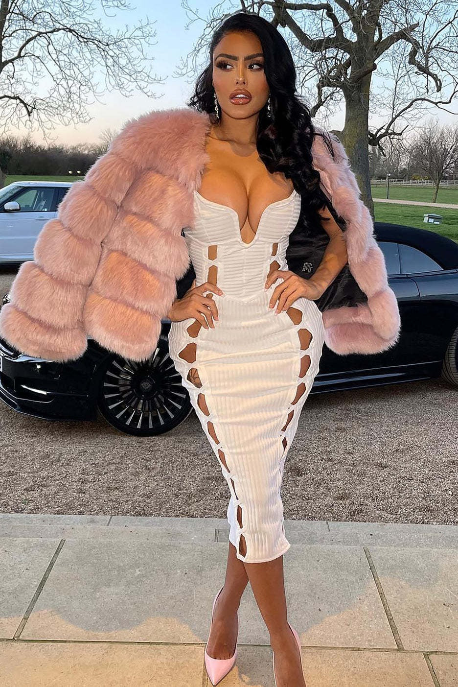 Low-Cut Cutout Bandage Midi Dress