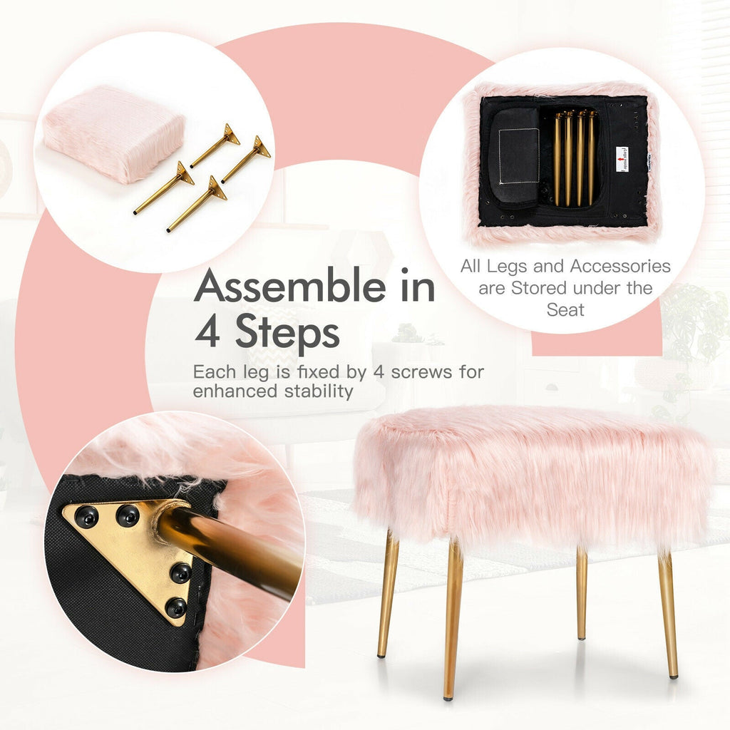 Faux Fur Vanity Stool with Golden Metal Legs for Makeup Room