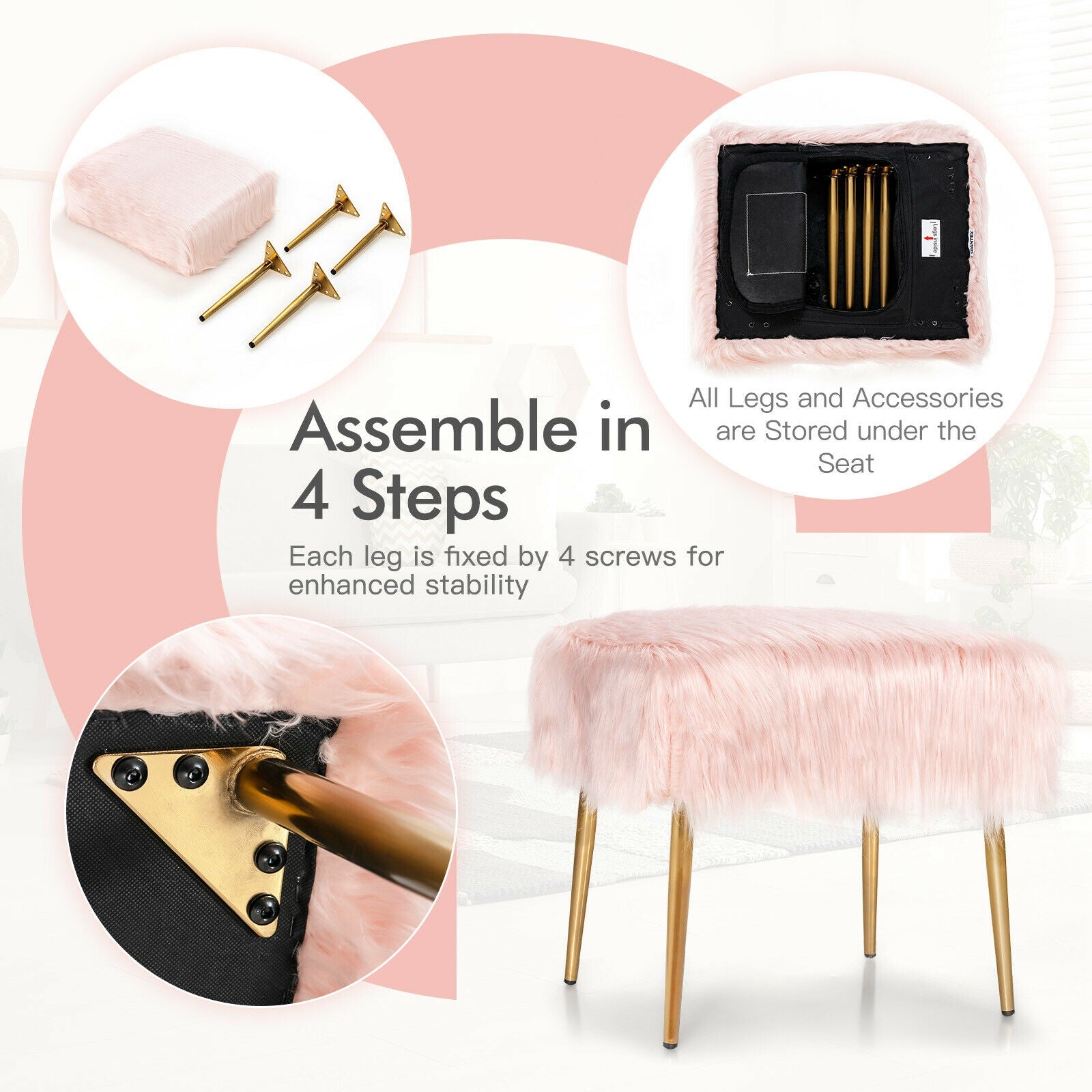 Faux Fur Vanity Stool with Golden Metal Legs for Makeup Room