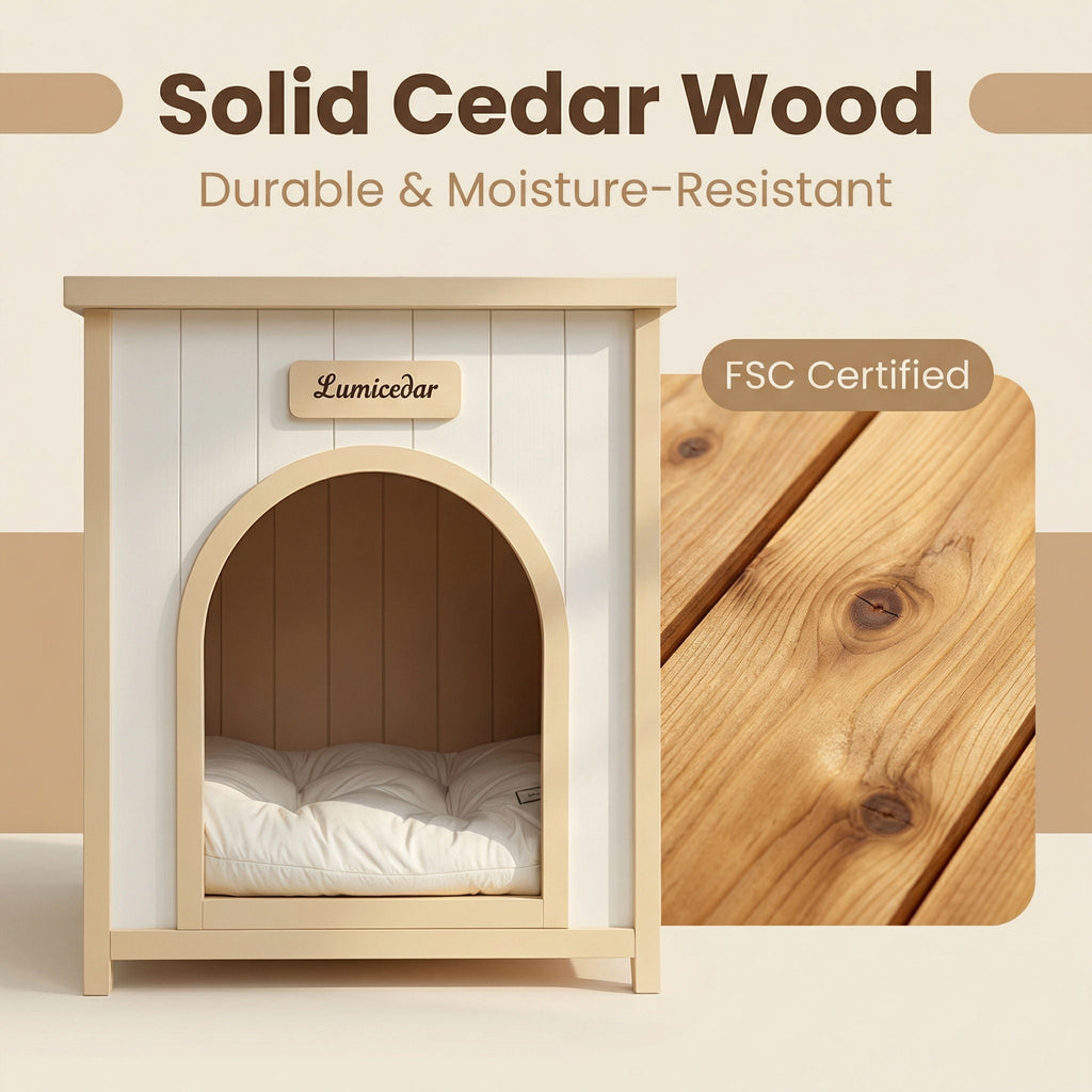 Indoor Dog House with Removable Cushion - Cream White / Light Yellow