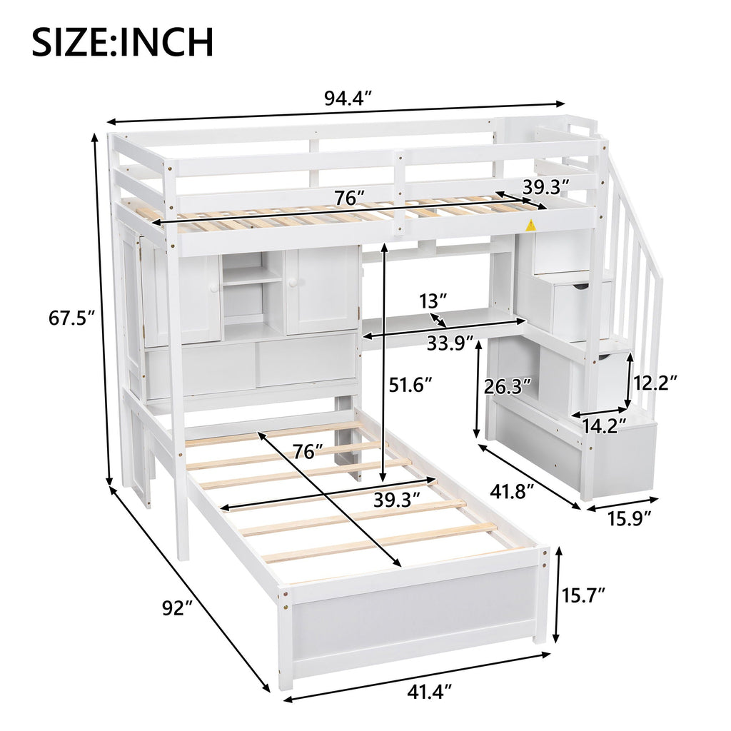 Twin Over Twin Loft Bed with Built-In Desk and Staircase - White or Light Brown