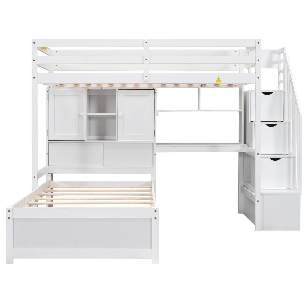 Twin Over Twin Loft Bed with Built-In Desk and Staircase - White or Light Brown