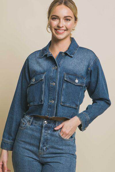 Love Tree Raw Hem Button Up Cropped Denim Jacket for Women