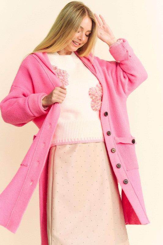 Davi & Dani Side Slit Button Up Hooded Cardigan for Women