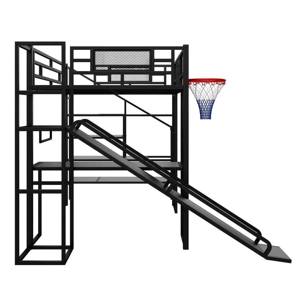 Full Loft Bed with Built-In Desk, Slide & Storage - Black or White