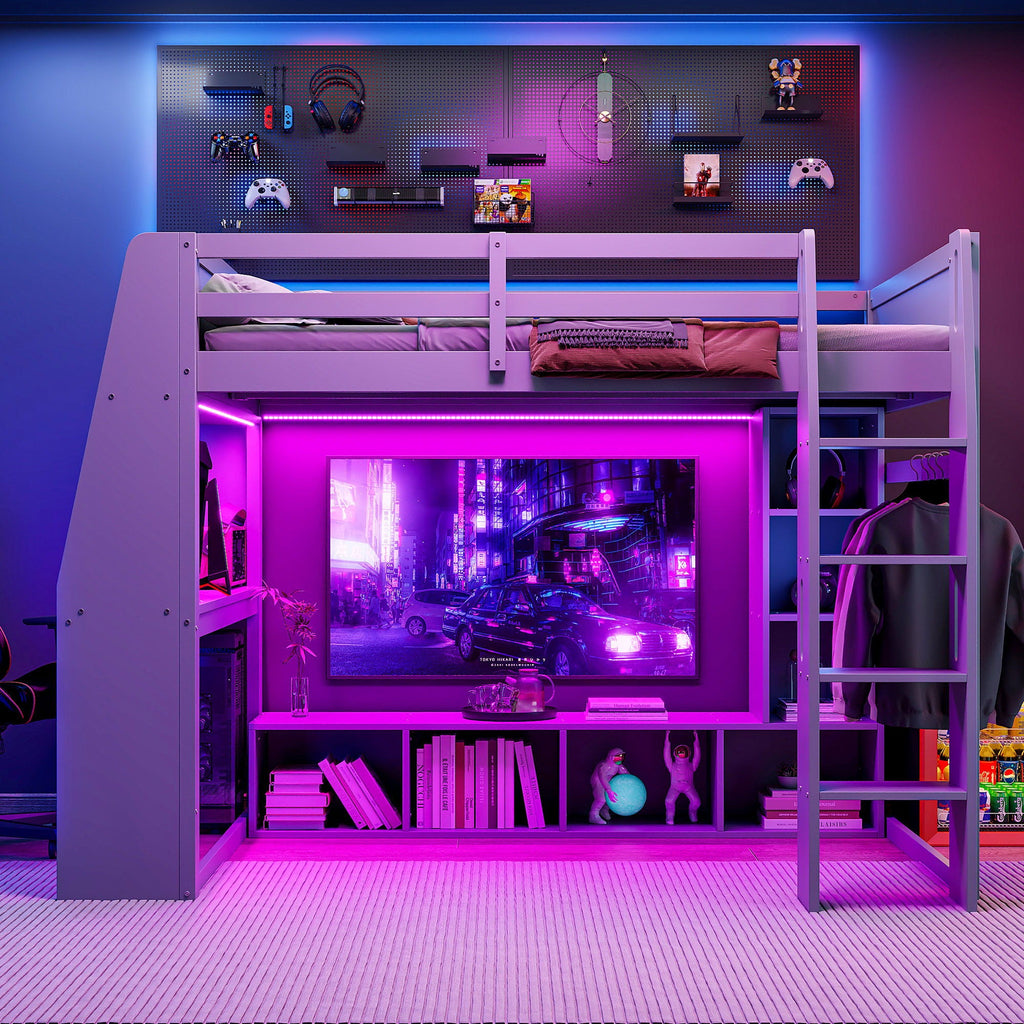 Gaming Loft Bed with Desk and Storage Shelves – LED Lighting – Black or Dark Gray