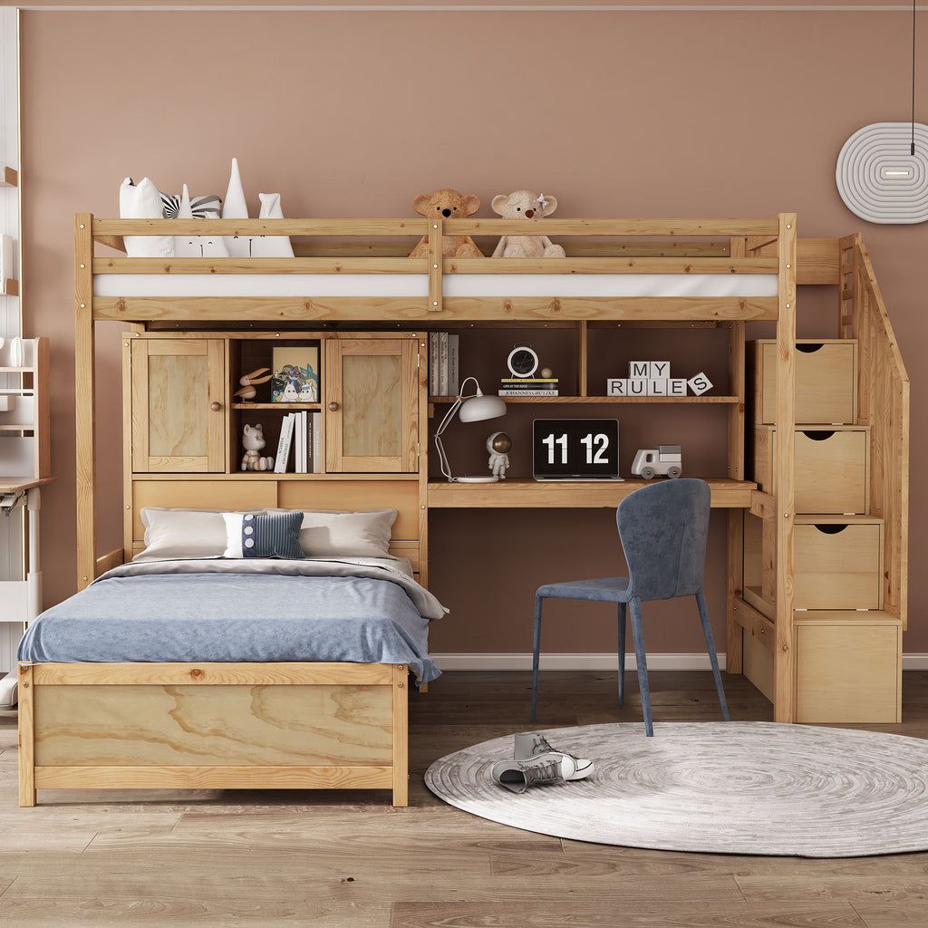 Twin Over Twin Loft Bed with Built-In Desk and Staircase - White or Light Brown
