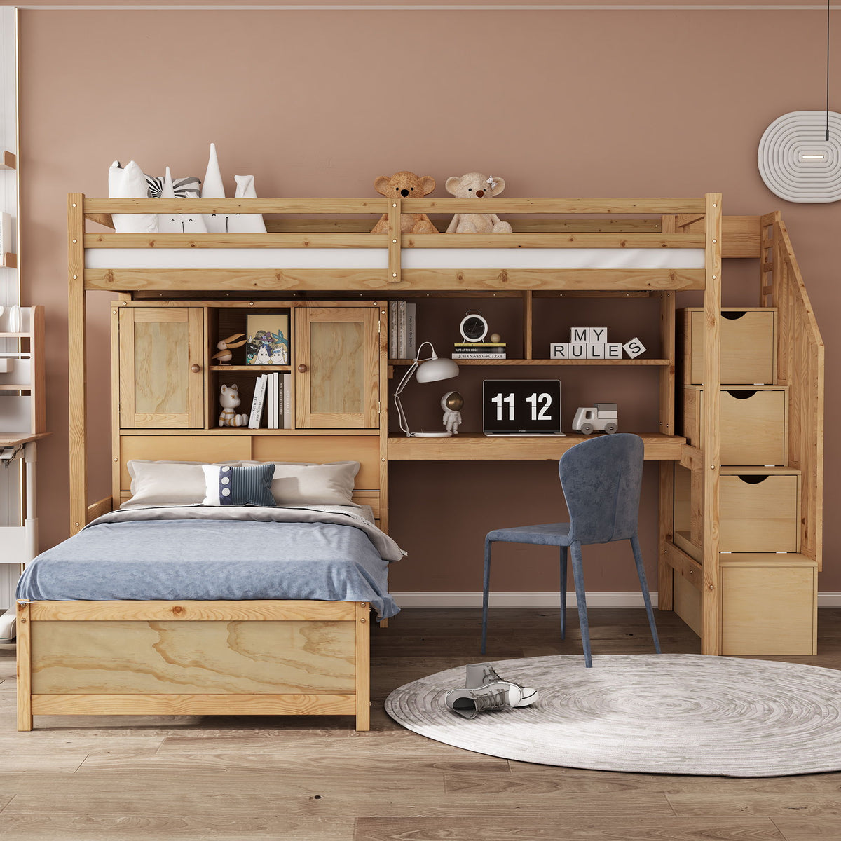 Twin Over Twin Loft Bed with Built-In Desk and Staircase - White or Light Brown