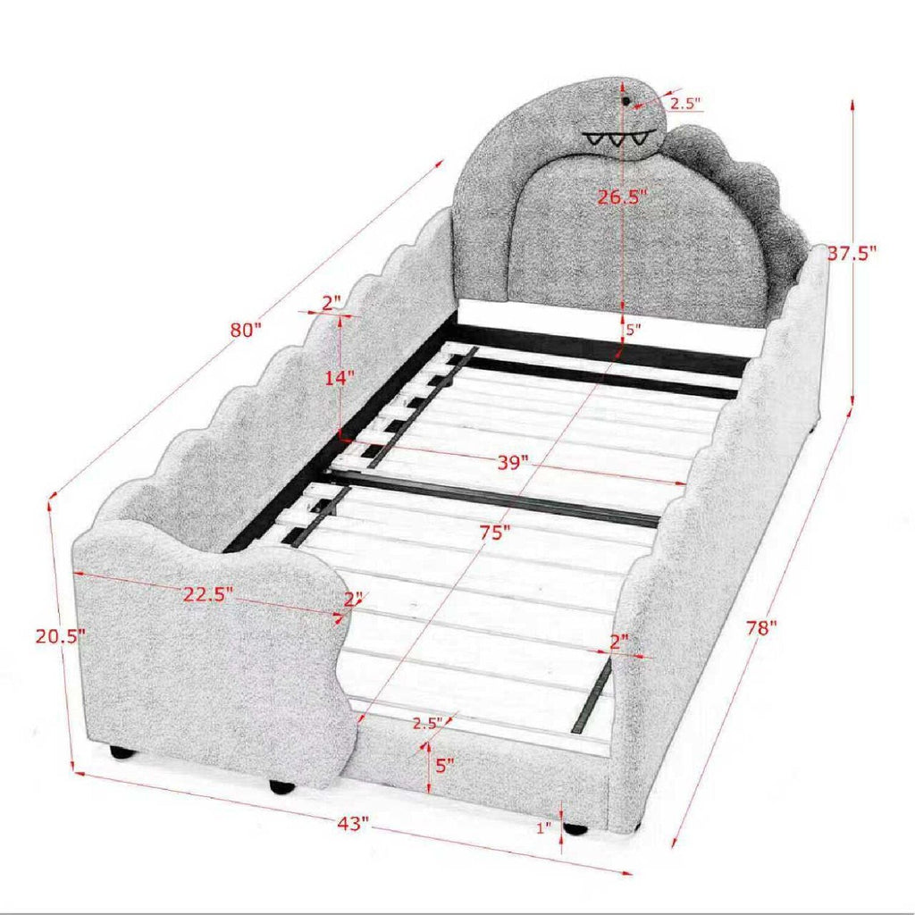 Dinosaur Shaped Toddler Bed with Safety Guardrail - Twin Upholstered Bed