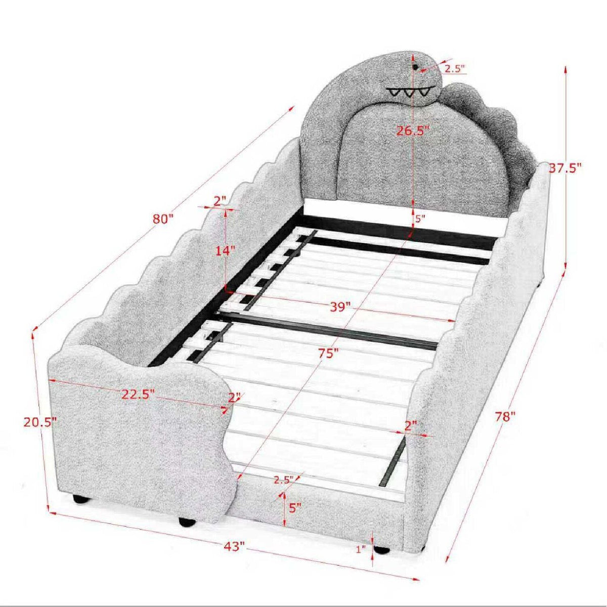 Dinosaur Shaped Toddler Bed with Safety Guardrail - Twin Upholstered Bed