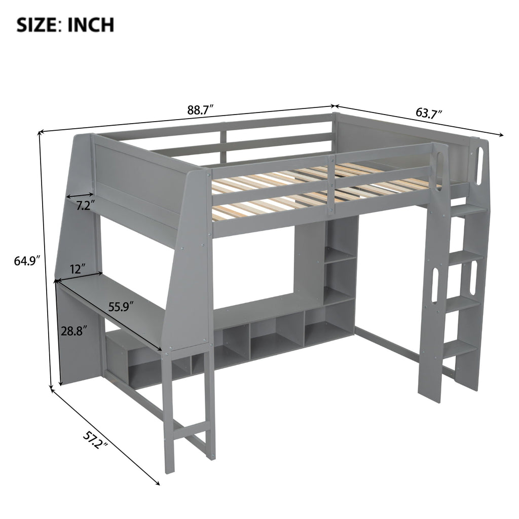Gaming Loft Bed with Desk and Storage Shelves – LED Lighting – Black or Dark Gray