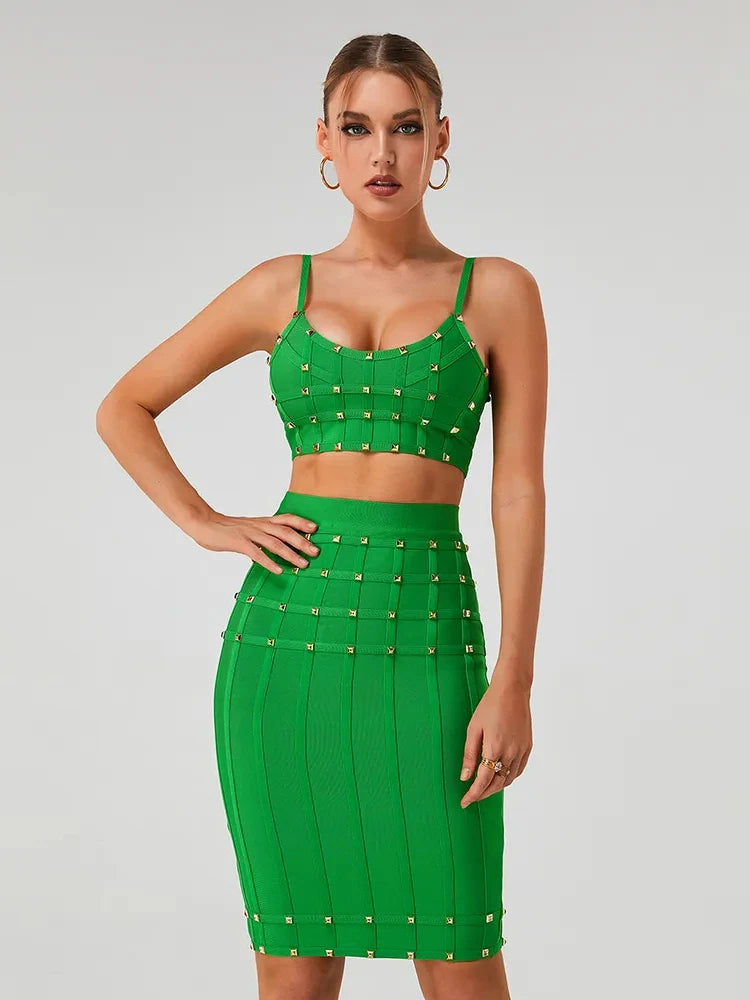 Blue Rivet Bandage Skirt Set