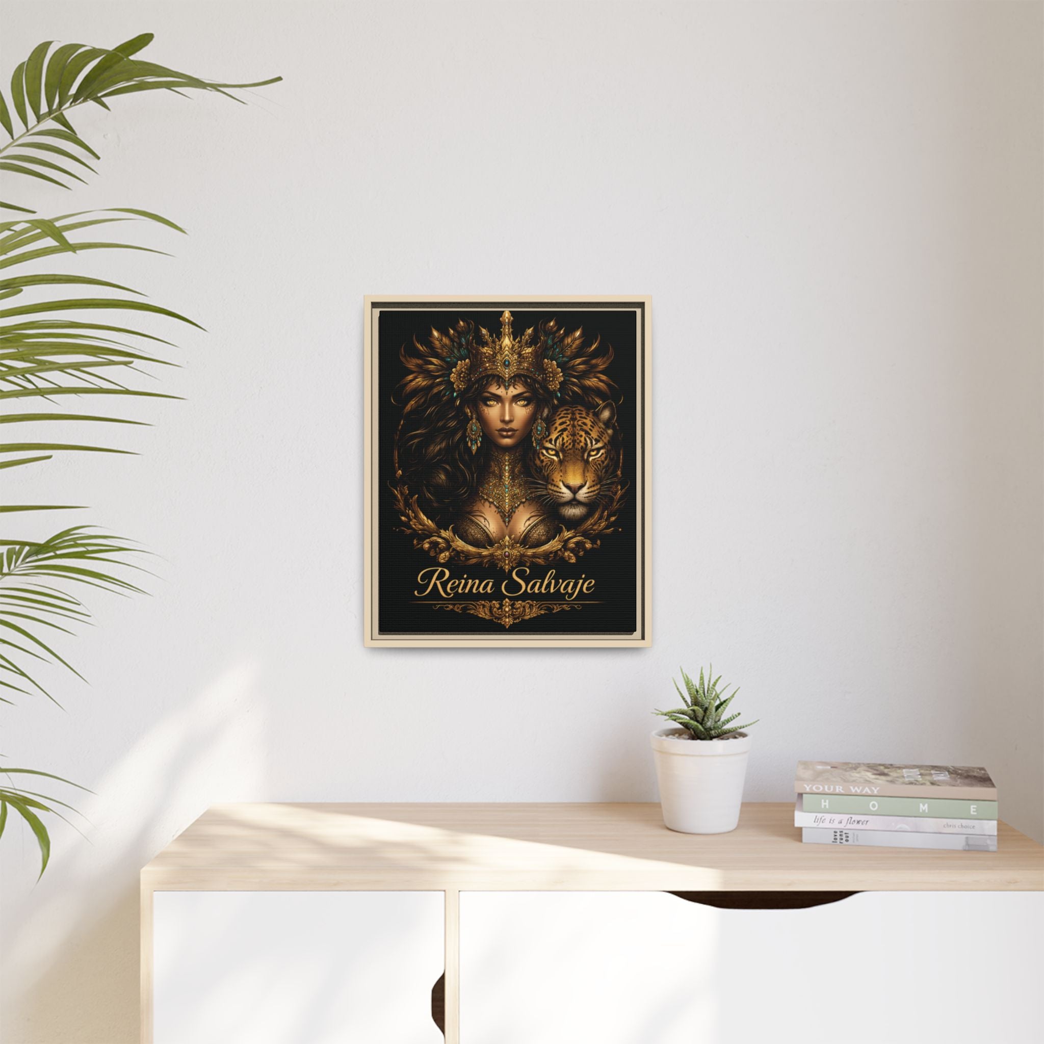 Reina Salvaje Matte Framed Canvas Art — Golden Goddess & Tiger Wall Decor