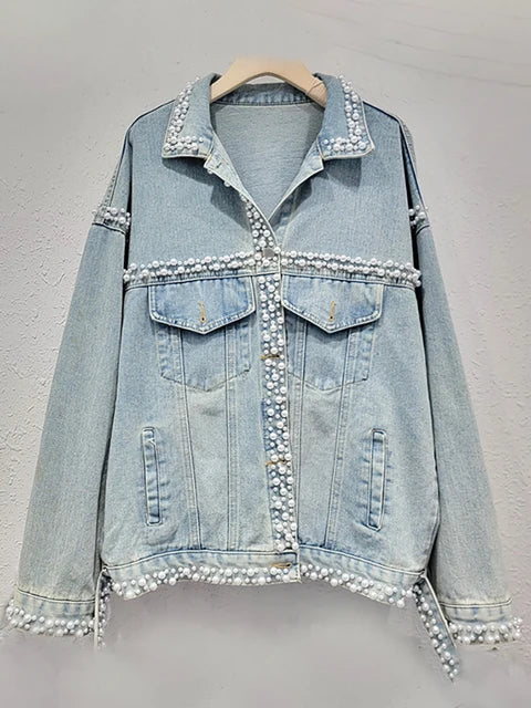 Women's Denim Coat Washed Light Blue Perals Embroidered Flares Single Breasted Jackets  Autumn New Fashion