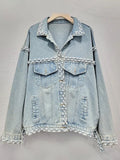 Women's Denim Coat Washed Light Blue Perals Embroidered Flares Single Breasted Jackets  Autumn New Fashion