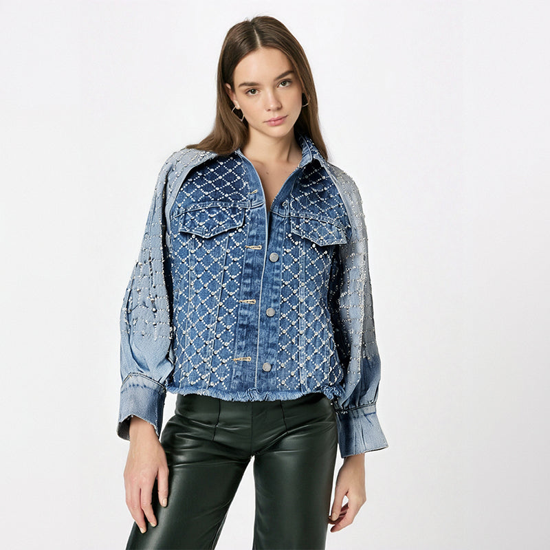 Women Hot Drilling Diamond Beads Retro Washed Denim Jacket Contrast Color Patchwork Rhinestone Jeans Coat Fake Two Piece Outwear