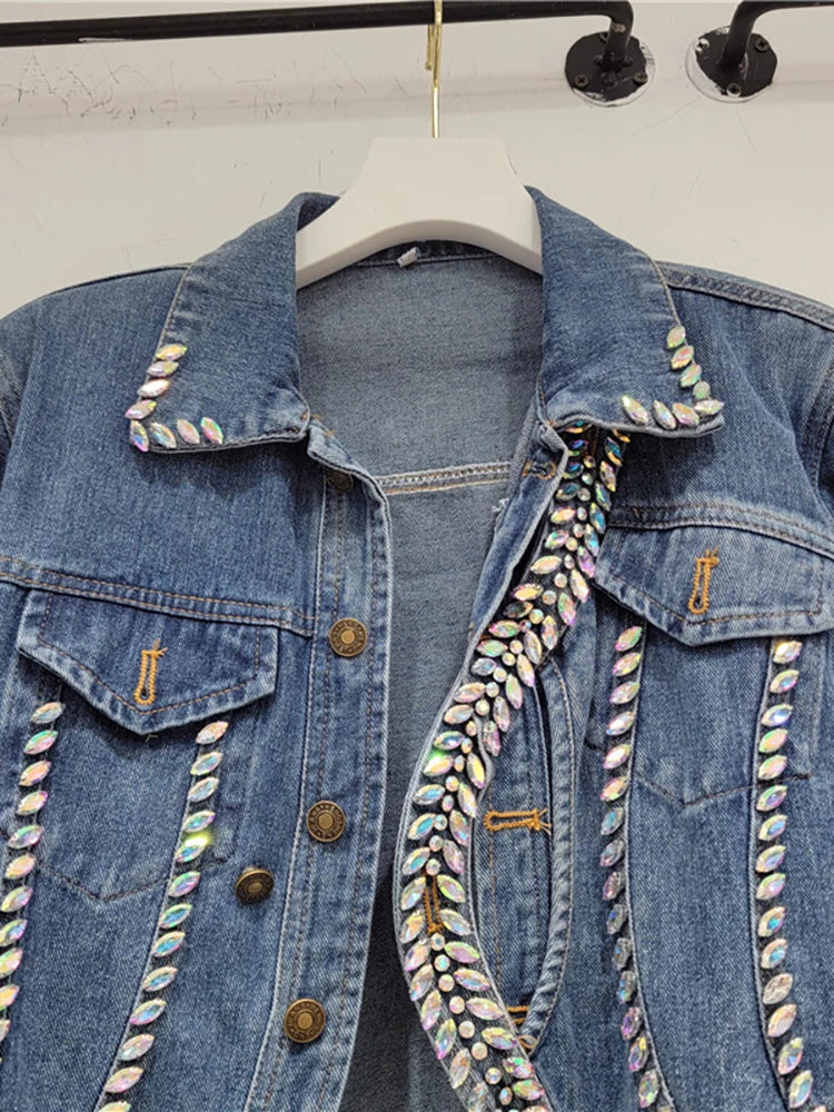 Women's Denim Coats Splicing Asymmetry Crystal Diamonds Single Breasted Female Jackets  Autumn New Fashion