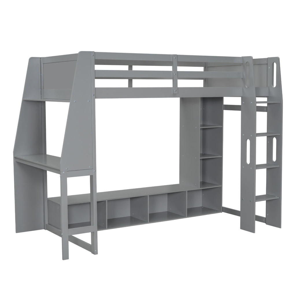 Gaming Loft Bed with Desk and Storage Shelves – LED Lighting – Black or Dark Gray