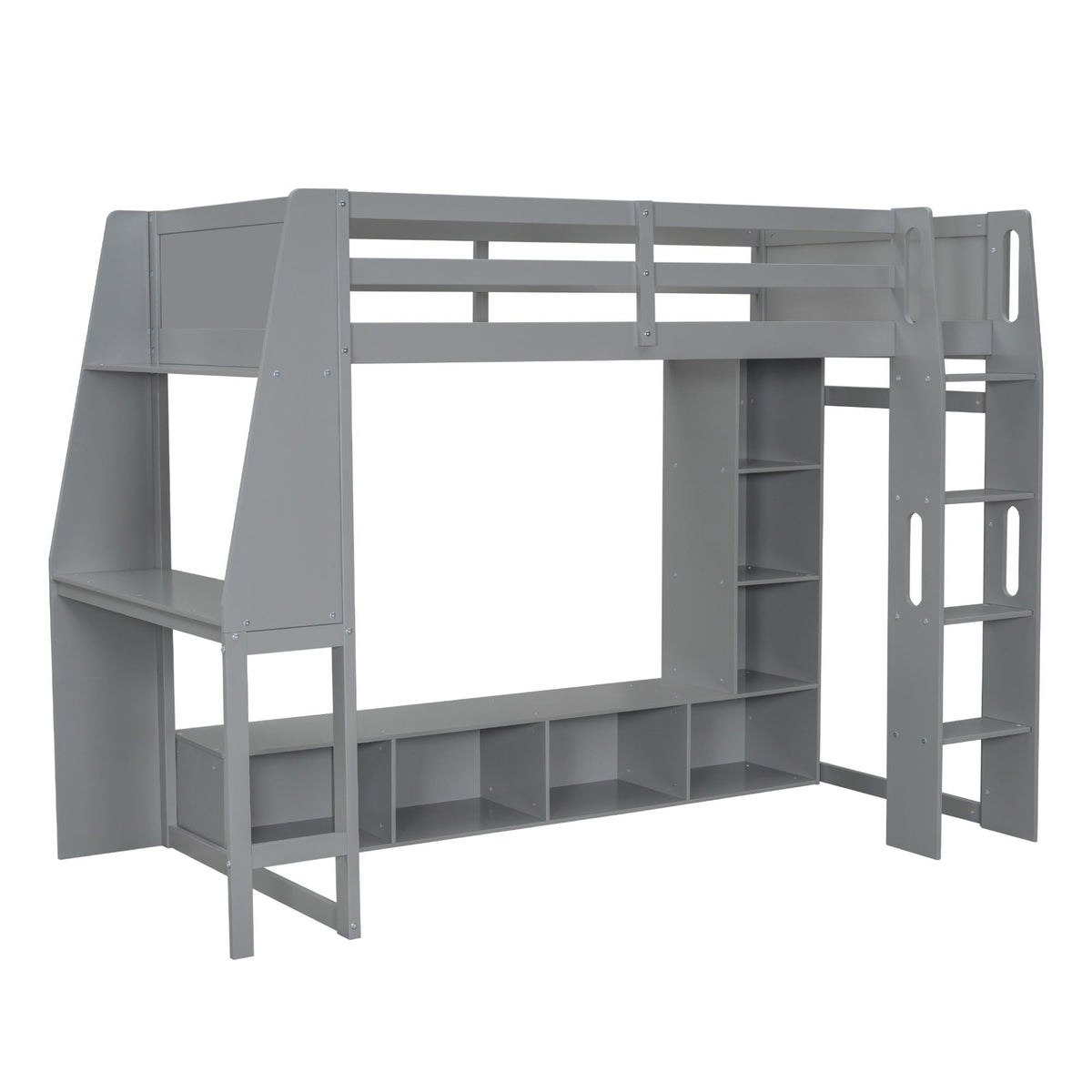 Gaming Loft Bed with Desk and Storage Shelves – LED Lighting – Black or Dark Gray