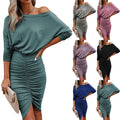 Women Dress long sleeve autumn winters pure color sexy ruffle bag hip inclined shoulder Dresses