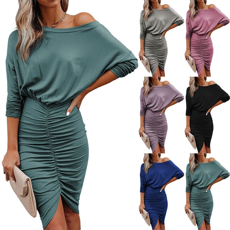 Women Dress long sleeve autumn winters pure color sexy ruffle bag hip inclined shoulder Dresses