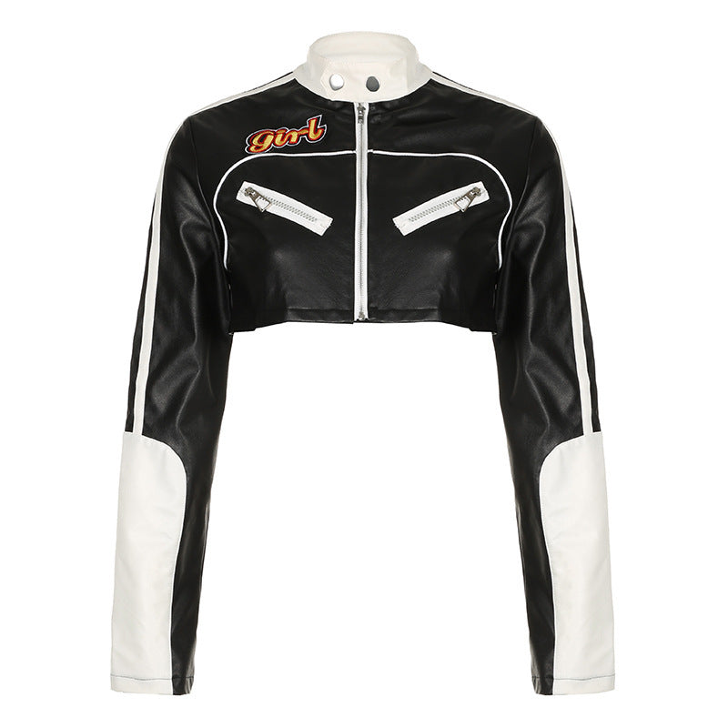 Street Motorcycle Style Letter Print PU Leather Spliced Short Jacket Workwear Casual Leather Top