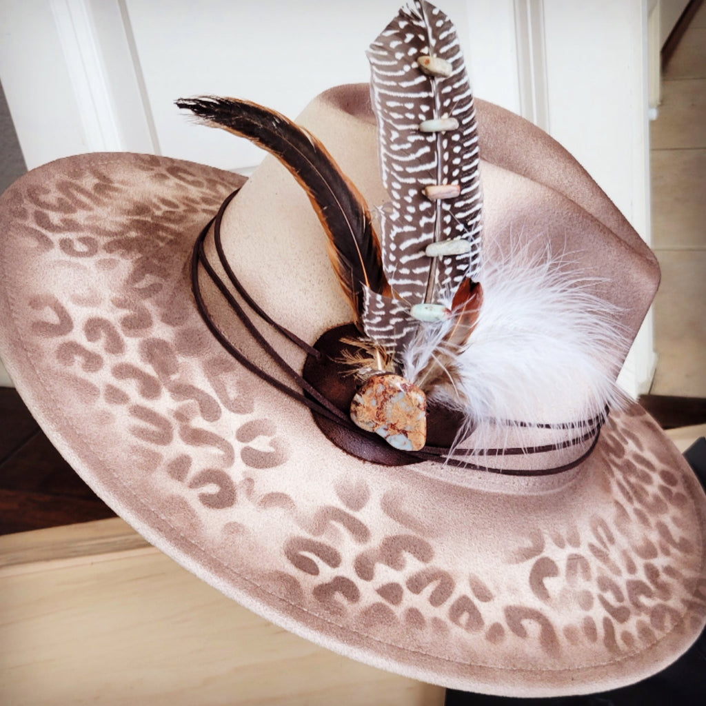 Hand-Painted Leopard Boho Western Cowgirl Hat & Band-Brown 986s