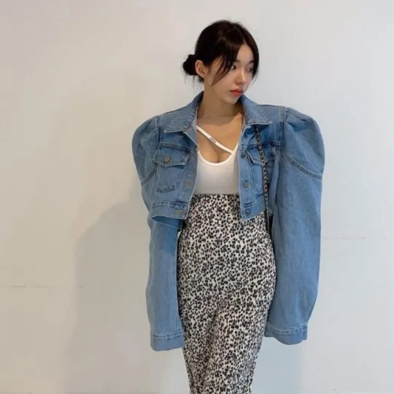 Spring Cardigan Lapel Bubble Sleeve Long Sleeved Single Breasted High Waist Short Denim Coat Women Retro Jean Jacket Shirts